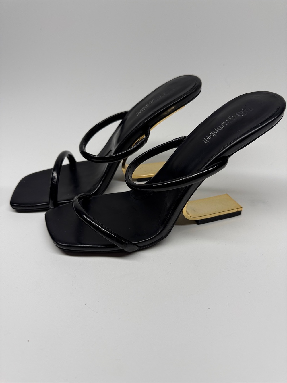 Jeffrey Campbell Black Strappy Sandals with Gold Block Heel Accent